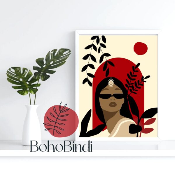Modern Indian Woman Art | Cultural Feminine Print | Boho Aesthetic Wall Art | Digital Printable Portrait| Indian Women| Red & Black - Image 2