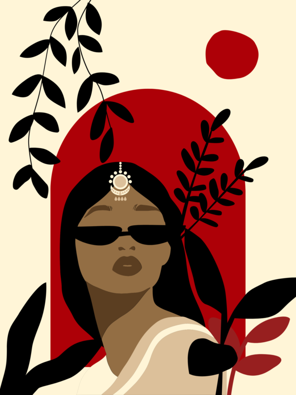 Modern Indian Woman Art | Cultural Feminine Print | Boho Aesthetic Wall Art | Digital Printable Portrait| Indian Women| Red & Black