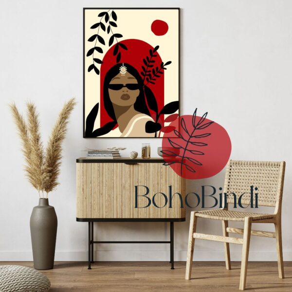 Modern Indian Woman Art | Cultural Feminine Print | Boho Aesthetic Wall Art | Digital Printable Portrait| Indian Women| Red & Black - Image 6