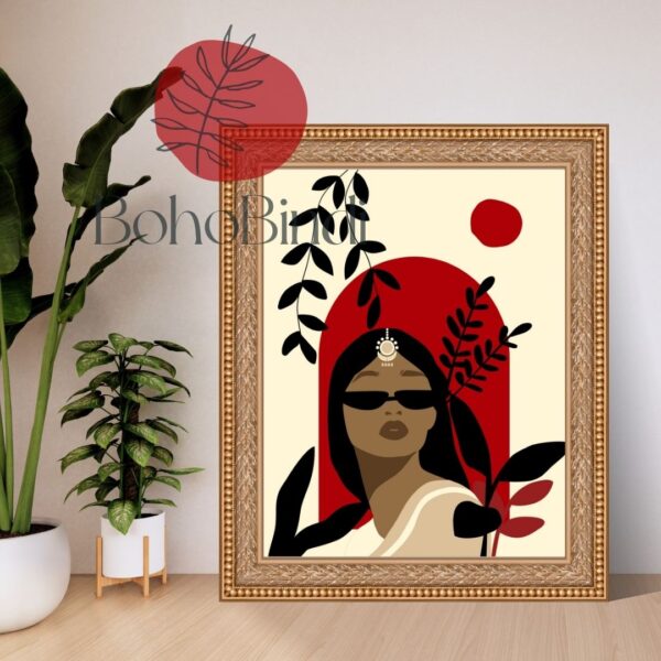 Modern Indian Woman Art | Cultural Feminine Print | Boho Aesthetic Wall Art | Digital Printable Portrait| Indian Women| Red & Black - Image 3