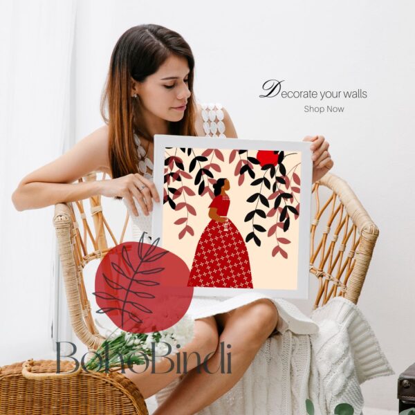 Boho Woman Digital Print | Minimalist Wall Art | Folk Art Illustration | Red & Beige Aesthetic Print | Modern Indian Woman Art - Image 5