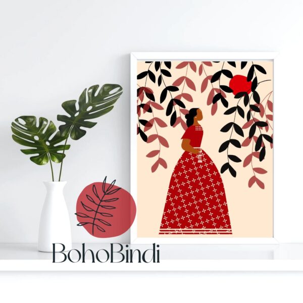 Boho Woman Digital Print | Minimalist Wall Art | Folk Art Illustration | Red & Beige Aesthetic Print | Modern Indian Woman Art - Image 4