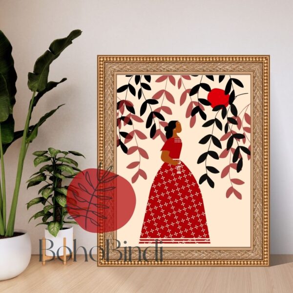 Boho Woman Digital Print | Minimalist Wall Art | Folk Art Illustration | Red & Beige Aesthetic Print | Modern Indian Woman Art - Image 3