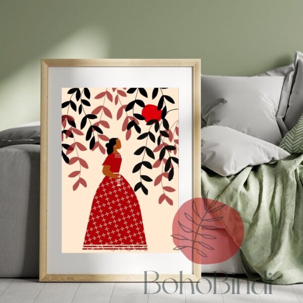 Boho Woman Digital Print | Minimalist Wall Art | Folk Art Illustration | Red & Beige Aesthetic Print | Modern Indian Woman Art - Image 2
