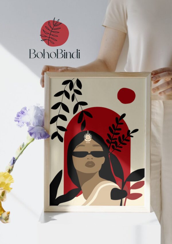 Modern Indian Woman Art | Cultural Feminine Print | Boho Aesthetic Wall Art | Digital Printable Portrait| Indian Women| Red & Black - Image 5